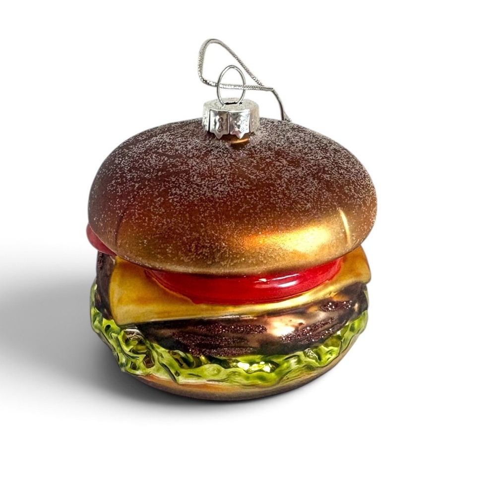 Glass Cheeseburger Christmas Ornament Hand Painted Glitter Foodie Holiday Decor - Picture 3 of 7